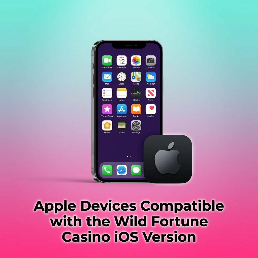 Apple devices compatible with Wild Fortune Casino iOS app, including iPhone XR to 15 Pro Max and various iPad models.
