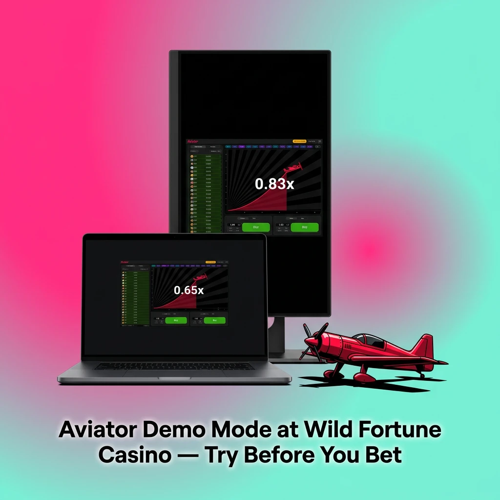 Aviator demo mode at Wild Fortune Casino showing virtual credits, betting panel, and crash multiplier gameplay interface.