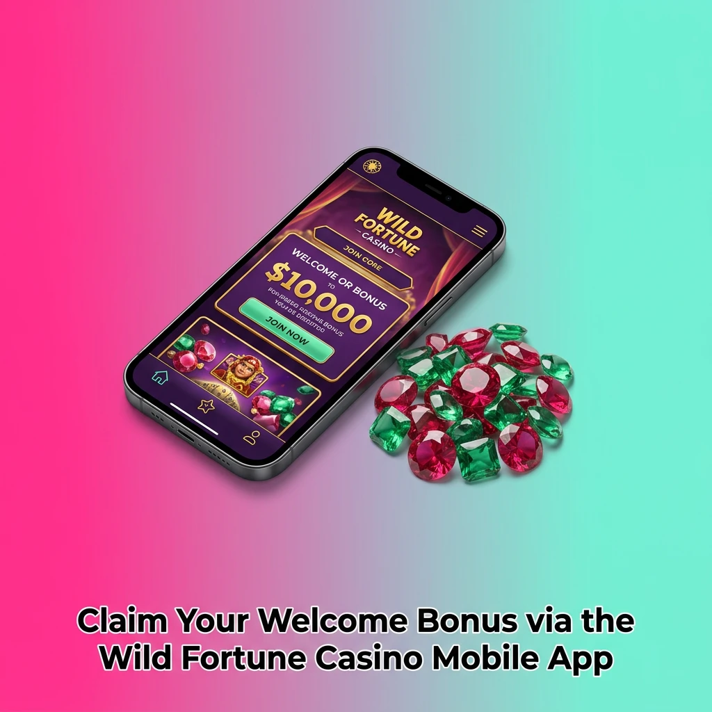 Wild Fortune Casino mobile app on iOS and Android showing welcome bonus claim process with registration and deposit steps