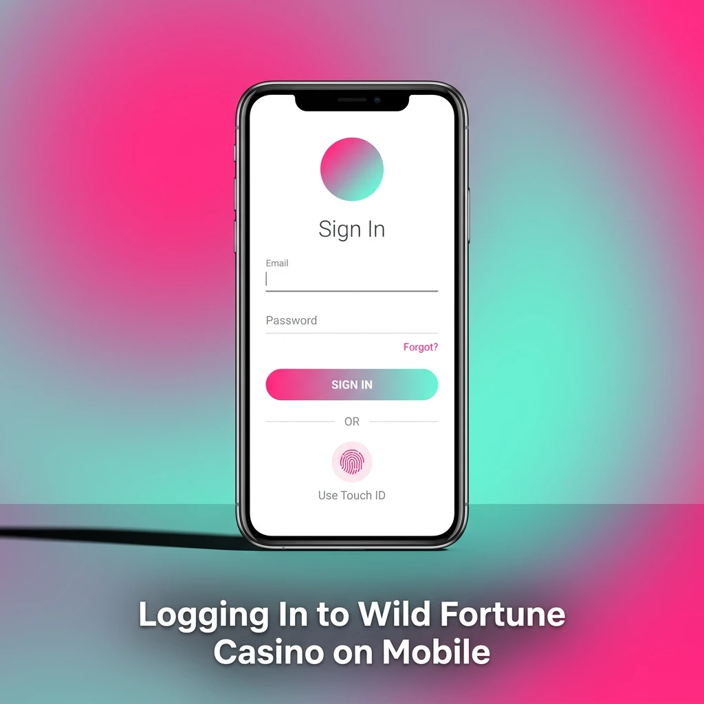 Mobile login screen for Wild Fortune Casino app on iPhone showing email, password fields, and biometric authentication options.