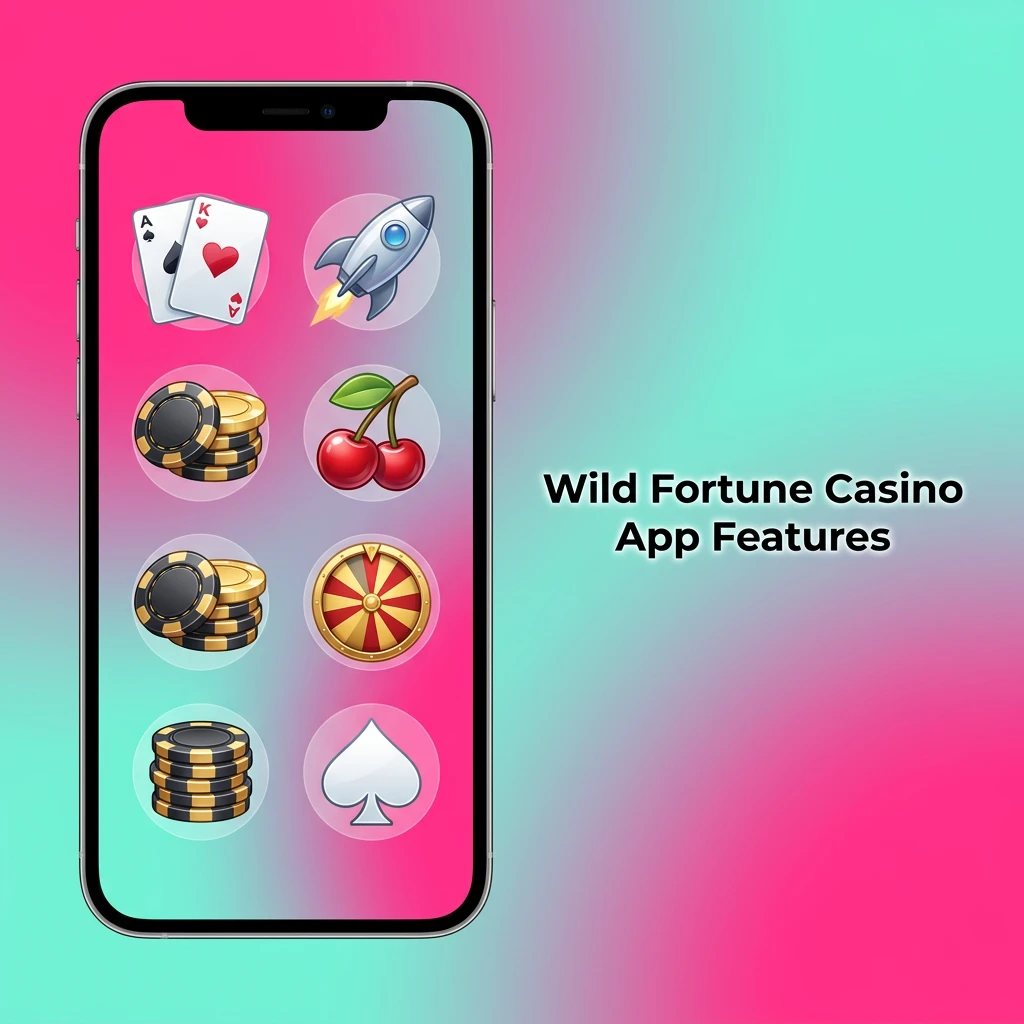 Wild Fortune Casino app showing casino games, sports betting, payment options, and account features on mobile