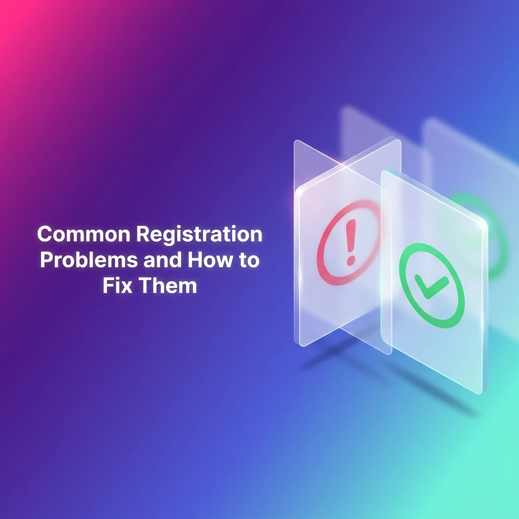 Table listing common registration problems like SMS verification, email confirmation, and form submission errors with solutions.