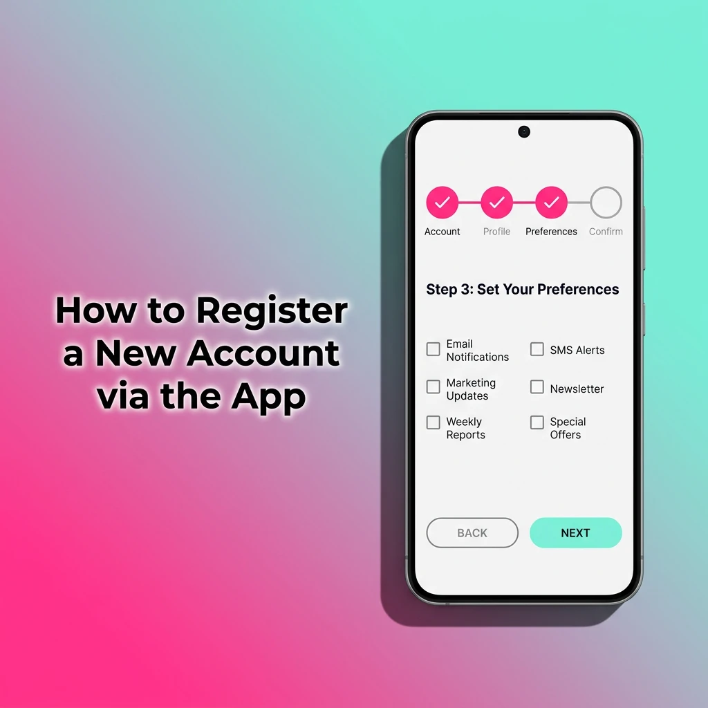 Wild Fortune Casino app registration screen showing sign-up steps including account details, currency selection, and verification.